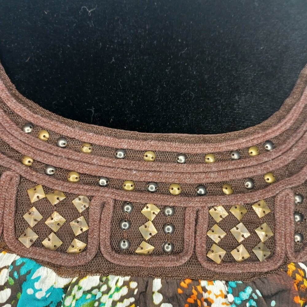 Y2K Heart Soul Multicolor Geometric Print Beaded Trim Top - Picture 4 of 7